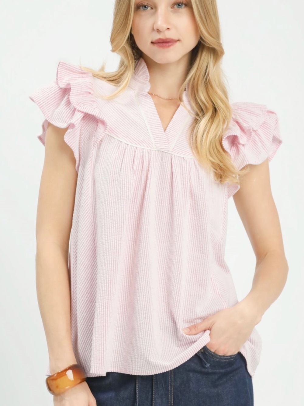 Umgee Ruffle Sleeve Seersucker Blouse